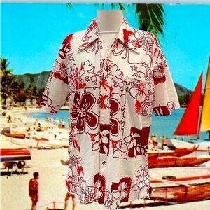 Tropicana Mens Hawaiian Aloha Shirt Medium Red Floral 70s VINTAGE Luau
